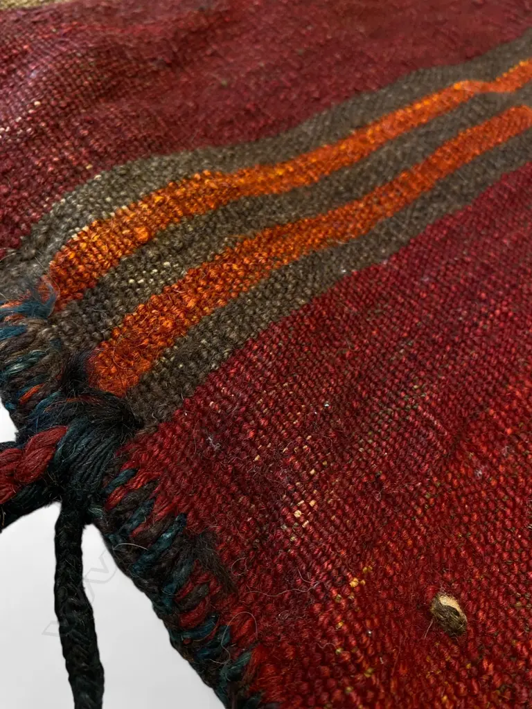Bag – wool, - flatweave/pile - red ground - stepped diamond repeat - sides and base tassled.108 x 60cm Image 1++